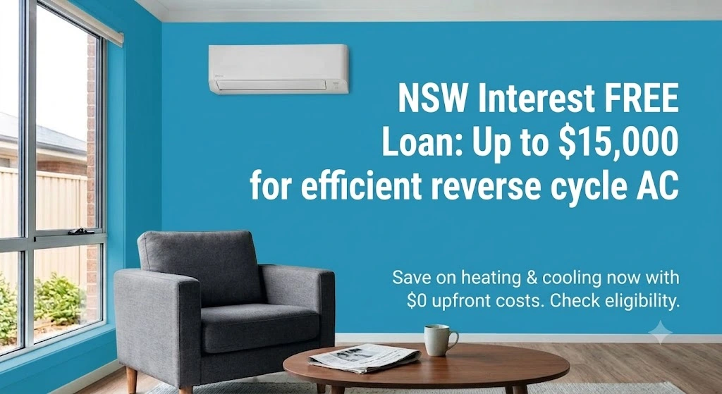 NSW Interest FREE Loan promo banner for efficient reverse cycle air conditioning, featuring a modern living room with a blue wall, white split-system AC, and a grey armchair.
