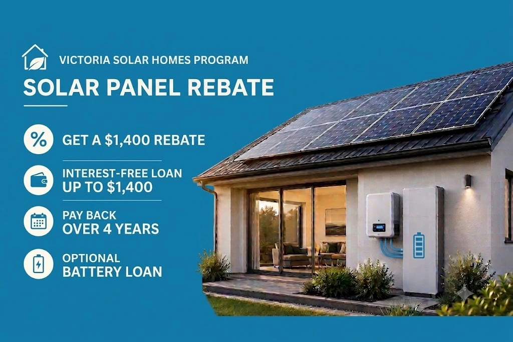 NSW Home Energy Saver Loan for solar and battery systems showing a home with rooftop solar panels and battery storage, highlighting 0% interest, up to $15,000 finance, and repayment over 120 months.