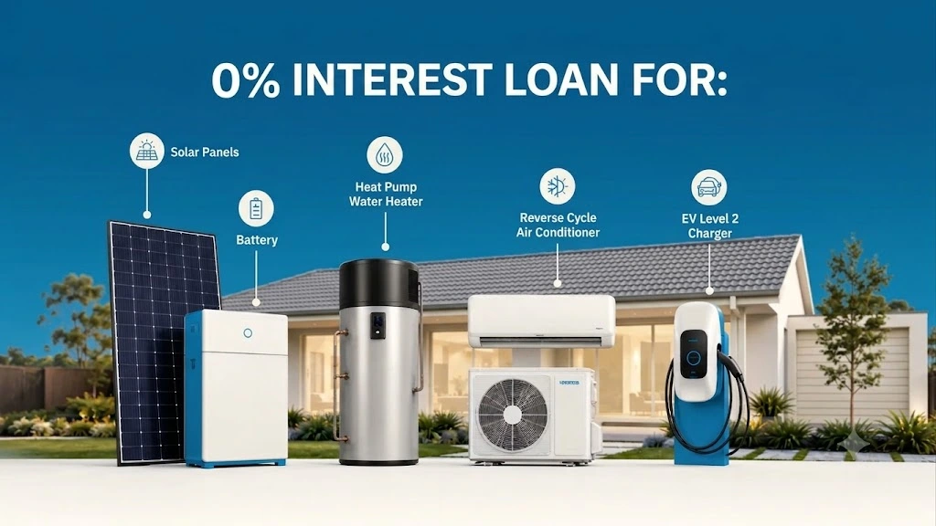 Modern Australian home with rooftop solar panels showcasing eligible 0% interest loan upgrades, including a solar battery, heat pump water heater, reverse cycle air conditioner, and EV Level 2 charger, with clearly labelled products and a large centered title.
