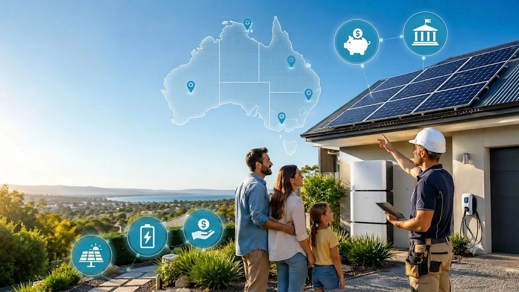 Australian family with a licensed solar installer outside a modern home featuring rooftop solar panels and a solar battery, representing federal and state solar rebates in Australia for 2026.