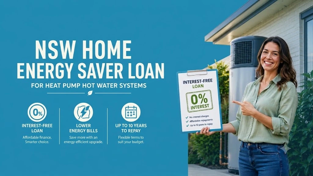 NSW Home Energy Saver Loan promotional banner featuring a homeowner presenting an interest-free loan for a heat pump hot water system outside a modern Australian home, highlighting lower energy bills and flexible repayment options.