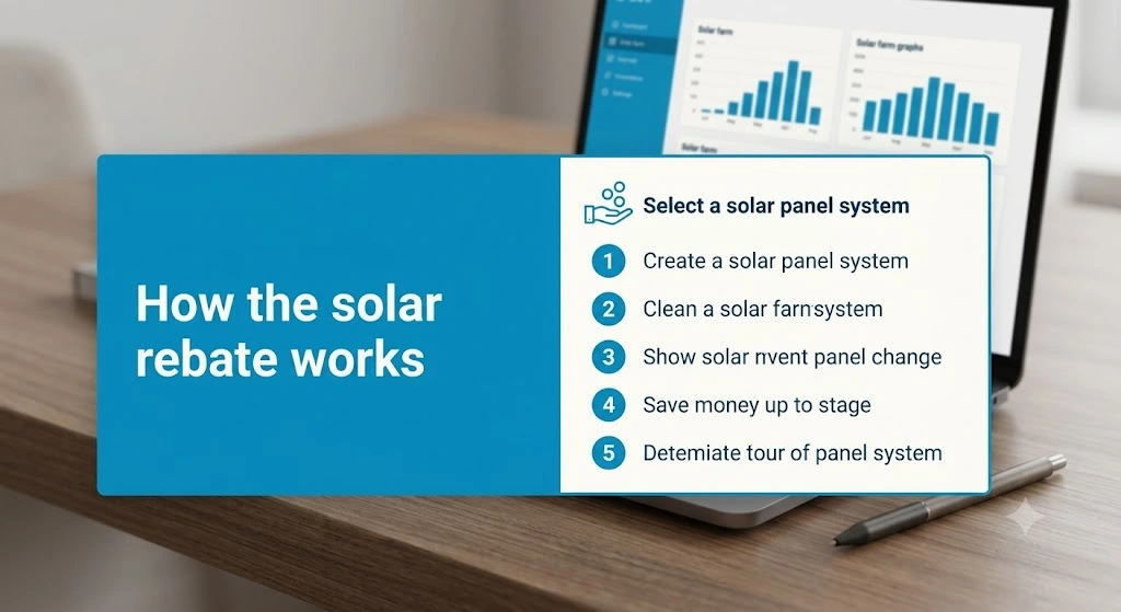 illustration of how the Federal Solar Panel Rebate works in Australia through Small-scale Technology Certificates (STCs), from choosing a solar system to receiving an upfront discount.