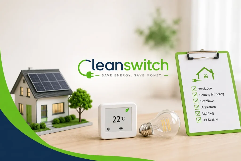 Home energy audit showing a solar-powered house, energy checklist, thermostat, and LED bulb to highlight ways Australian homes can improve energy efficiency.