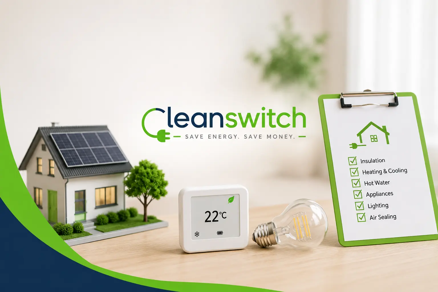 Home energy audit showing a solar-powered house, energy checklist, thermostat, and LED bulb to highlight ways Australian homes can improve energy efficiency.