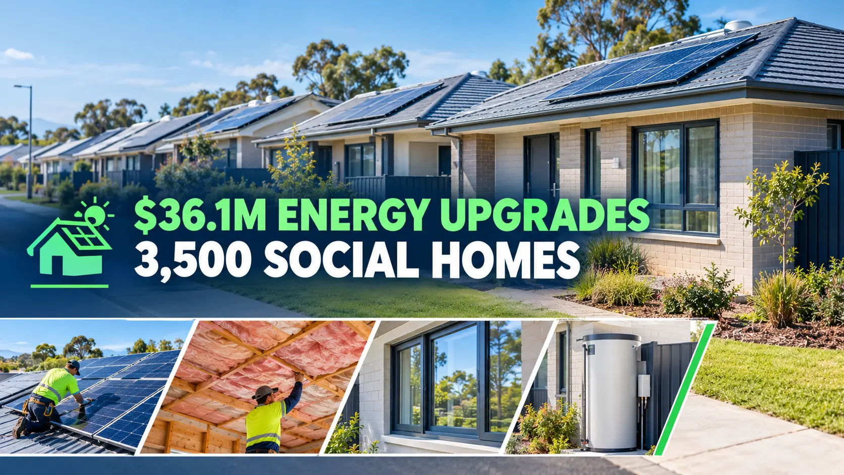 $36.1 million energy upgrades for 3,500 South Australian social homes, including rooftop solar, insulation, efficient hot water and upgraded windows.