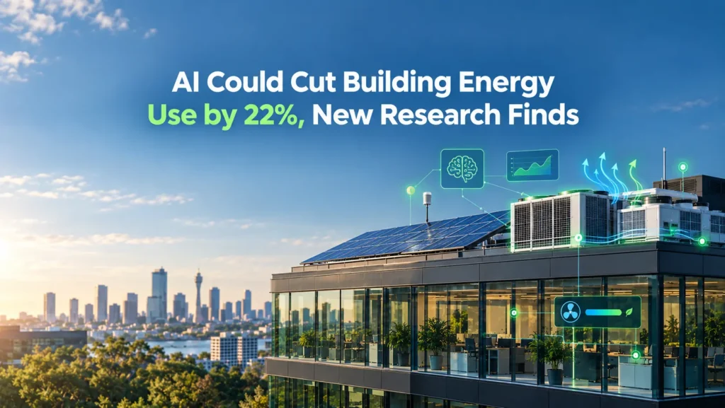 Modern Australian commercial building with rooftop solar, HVAC systems and AI energy monitoring technology