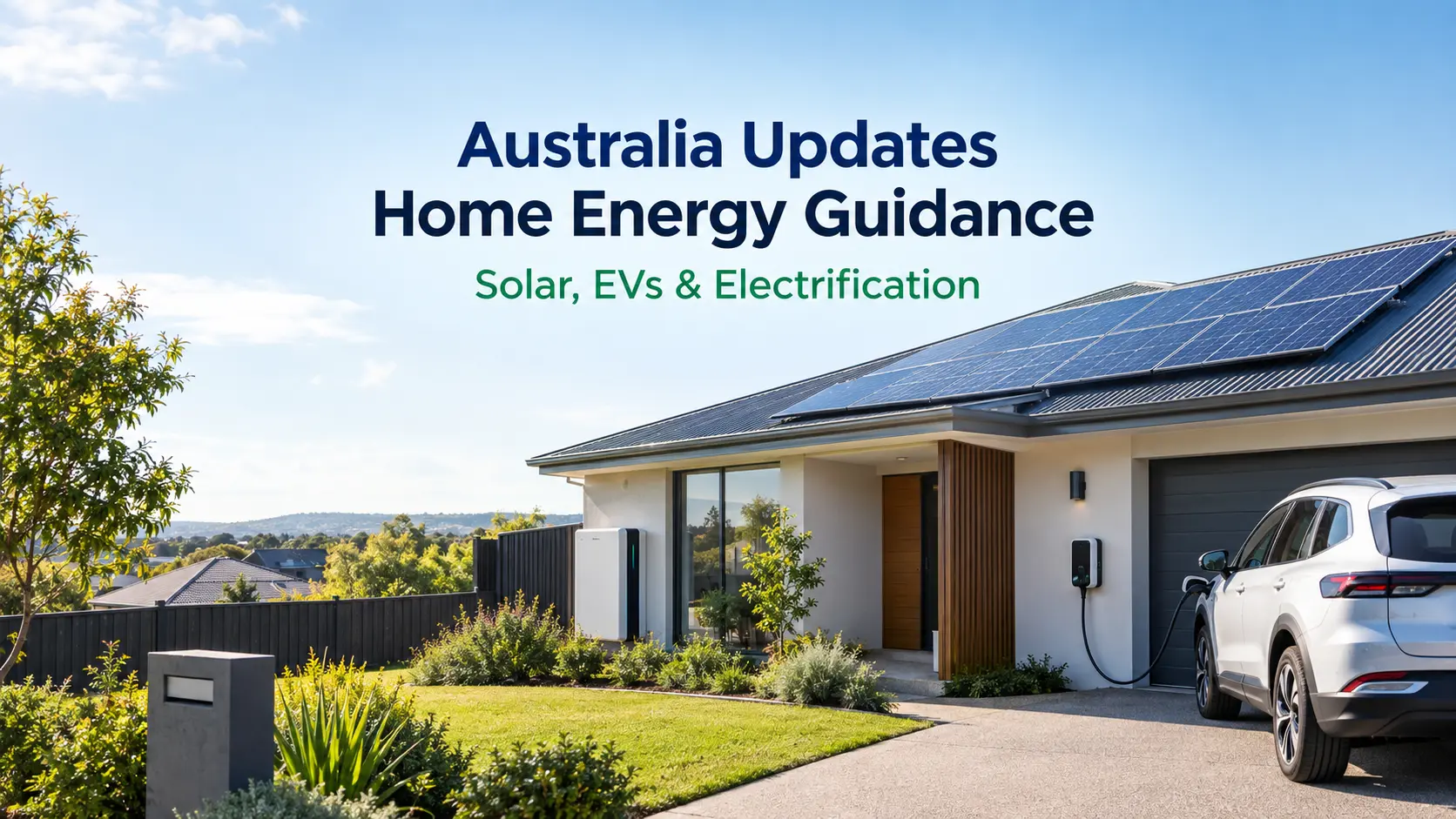 Modern Australian suburban home with rooftop solar panels, an electric vehicle connected to a home charger, and household energy technology, illustrating Australia's updated home energy guidance on solar, EVs and electrification.
