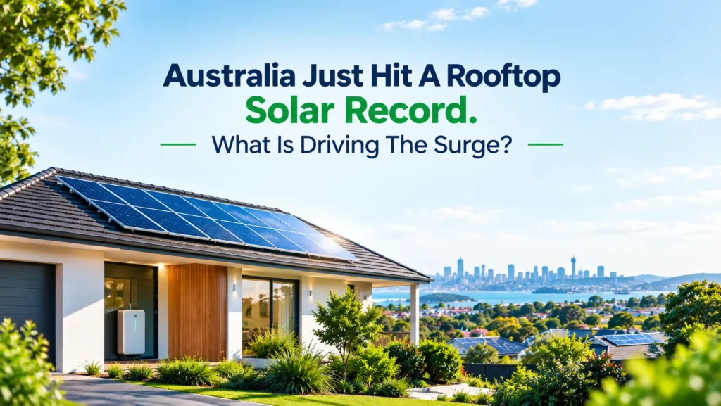 Australian home with rooftop solar panels and centred headline text about the rooftop solar record