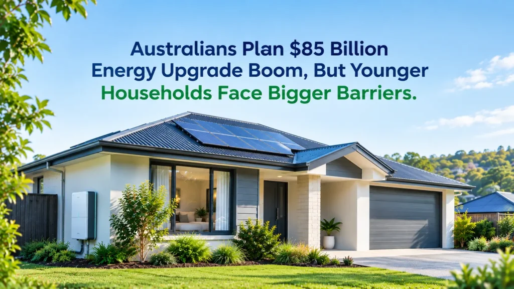 Modern Australian suburban home with rooftop solar panels and home battery representing the energy upgrade boom and barriers facing younger households