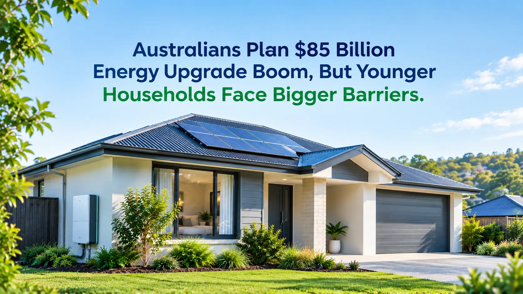 Modern Australian suburban home with rooftop solar panels and home battery representing the energy upgrade boom and barriers facing younger households