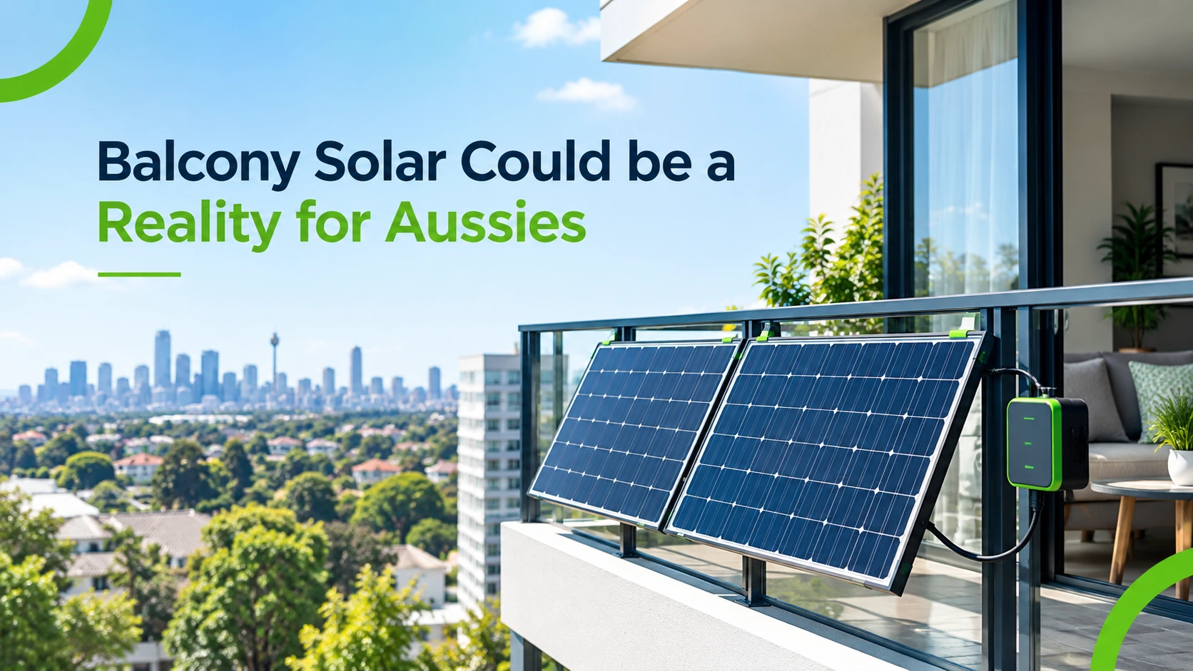 Balcony solar panels on a modern Australian apartment balcony with headline “Balcony Solar Could be a Reality for Aussies”