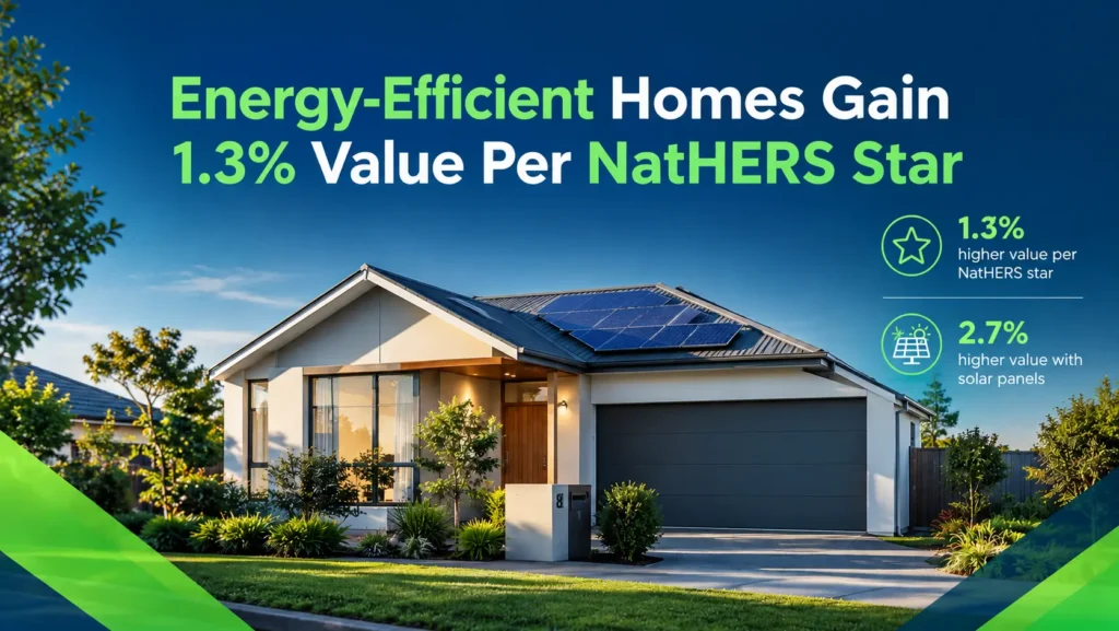 Energy-efficient Australian home with solar panels, highlighting 1.3% higher value per NatHERS star and 2.7% higher value with solar