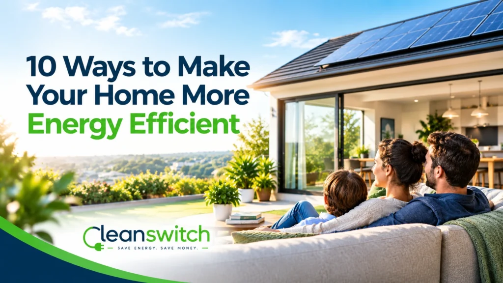 Modern energy efficient Australian home with solar panels, family relaxing indoors, and CleanSwitch branding