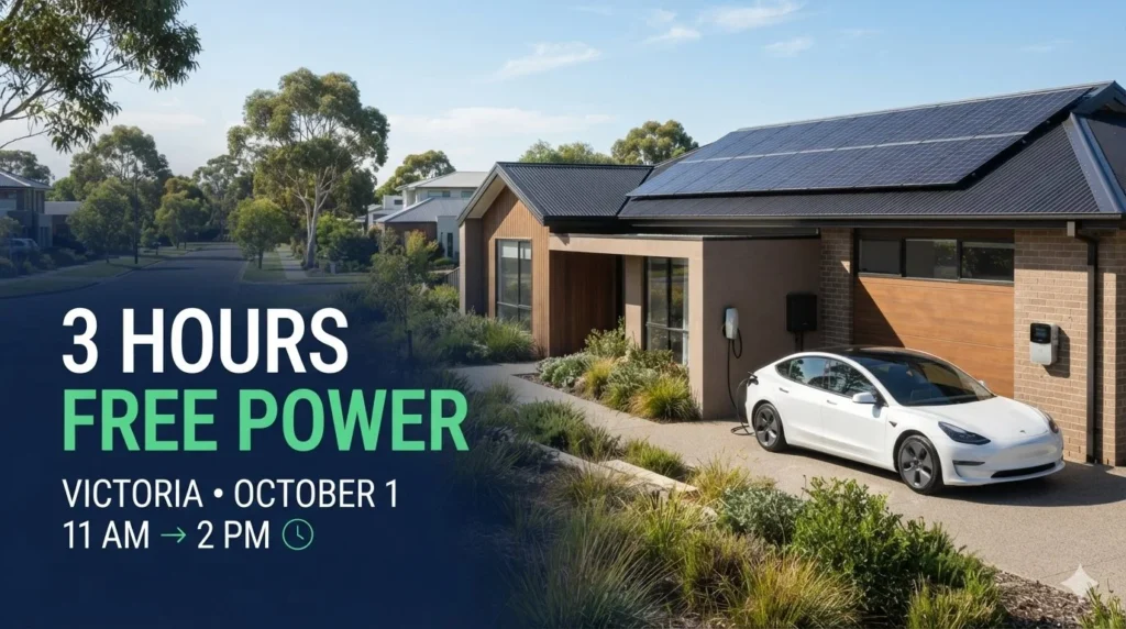 A modern Australian suburban home with rooftop solar panels and a white EV charging in the driveway under bright midday sun. On the left, deep navy editorial styling displays the headline "3 HOURS FREE POWER" in white and bright green text, with supporting details "VICTORIA • OCTOBER 1" and "11 AM → 2 PM".