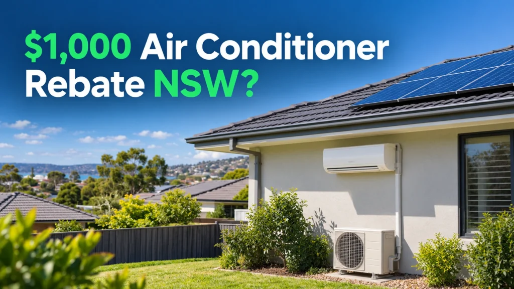 Modern NSW home with a wall mounted reverse cycle air conditioner and rooftop solar panels, with headline asking about a $1,000 air conditioner rebate in NSW