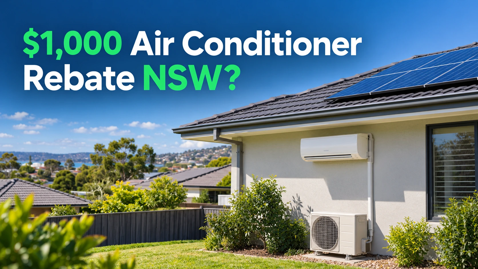 Modern NSW home with a wall mounted reverse cycle air conditioner and rooftop solar panels, with headline asking about a $1,000 air conditioner rebate in NSW