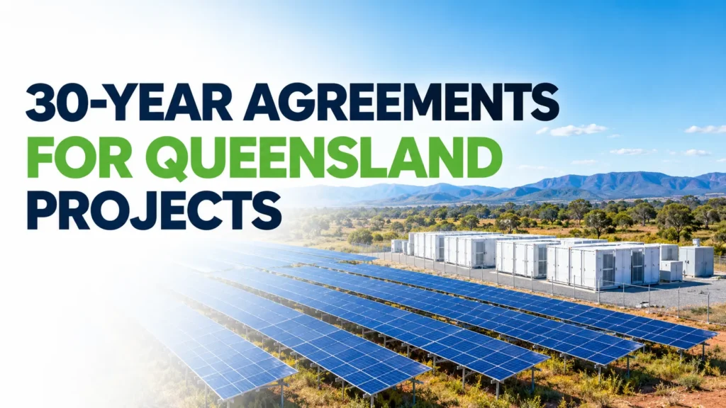 30-year agreements for Queensland renewable energy projects, featuring a solar farm and utility-scale battery storage against a rural Australian landscape.