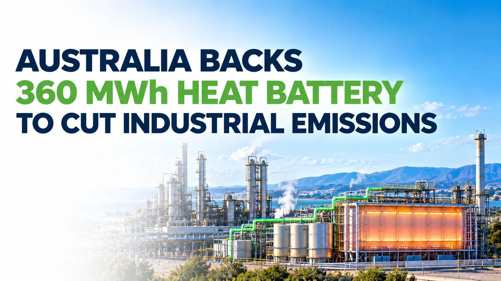 Australia backs a 360 MWh heat battery to cut industrial emissions at a Queensland alumina refinery, featuring industrial processing equipment, thermal energy storage tanks and green energy piping.