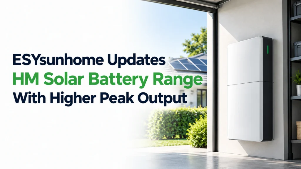 ESYsunhome updates its HM solar battery range with higher peak output, featuring a home battery beside a modern solar-powered house.