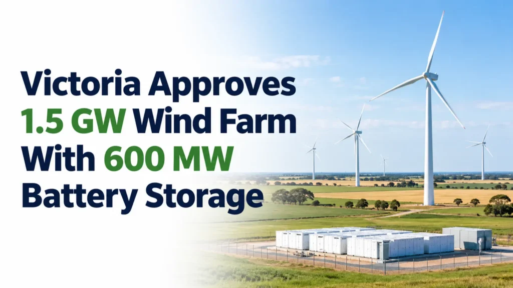 Victoria wind farm with white turbines across green and golden farmland and a utility-scale battery storage installation, illustrating Victoria’s approval of a 1.5 GW wind farm with 600 MW battery storage.