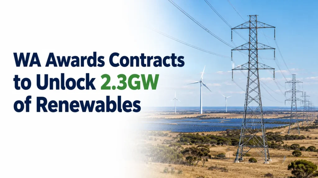 WA Awards Contracts to Unlock 2.3GW of Renewables – CleanSwitch featured image showing electricity transmission towers, wind turbines and a large solar farm across a rural Western Australian landscape, with bold navy and green headline text on a white background.